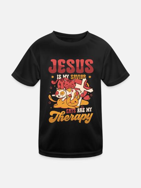 Jesus is my Savior, cats are my therapy. - Kids Functional T-Shirt - black - Front
