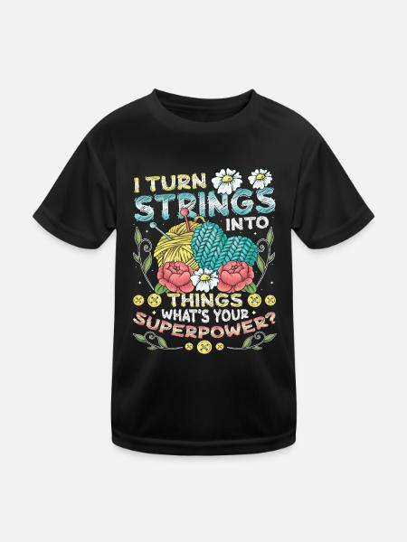 Strings into Things, knitting and crocheting - Kids Functional T-Shirt - black - Front