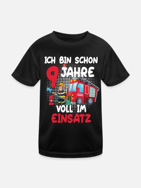 Ich bin schon 9 Jahre voll im Einsatz Feuerwehr - Kinder Funktions-T-Shirt - Schwarz - Vorne