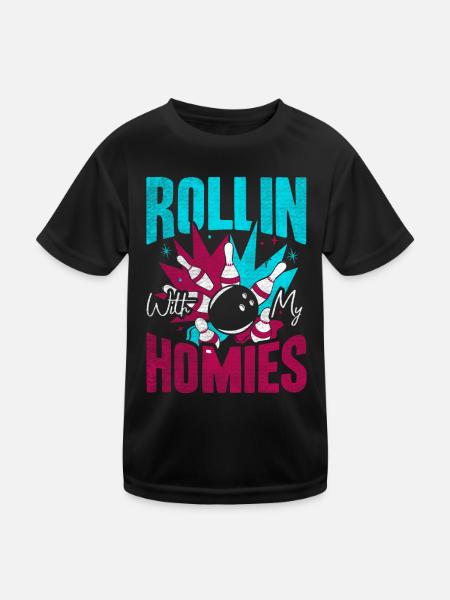 Rollin with my Homies Retro Bowling Geschenk - Kinder Funktions-T-Shirt - Schwarz - Vorne