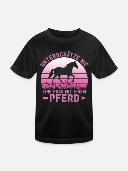 Unterschätze Nie Eine Frau Mit Einem Pferd Reiter - Kinder Funktions-T-Shirt - Schwarz - Vorne