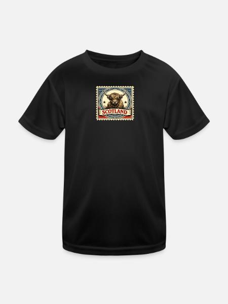 Highland Cow Scotland Vintage-Briefmarke - Kinder Funktions-T-Shirt - Schwarz - Vorne
