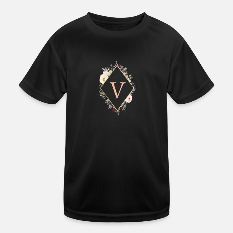 V Monogramm , Floral, Boho - Kinder Funktions-T-Shirt - Schwarz