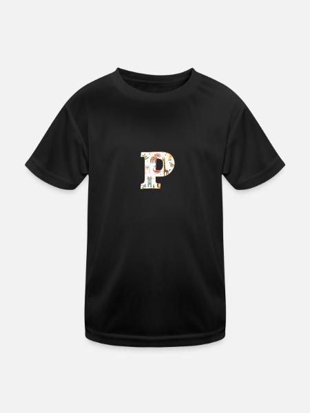 Letter P, Monogram, Animal Pattern - Kids Functional T-Shirt - black - Front