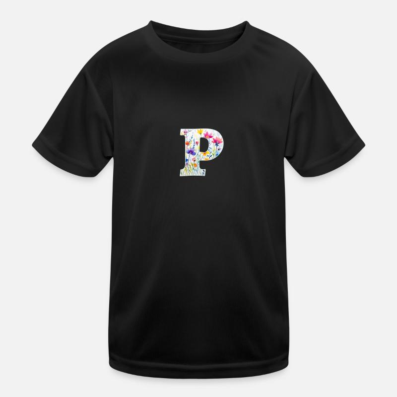 Buchstabe P, Monogramm, Blumenmuster - Kinder Funktions-T-Shirt - Schwarz