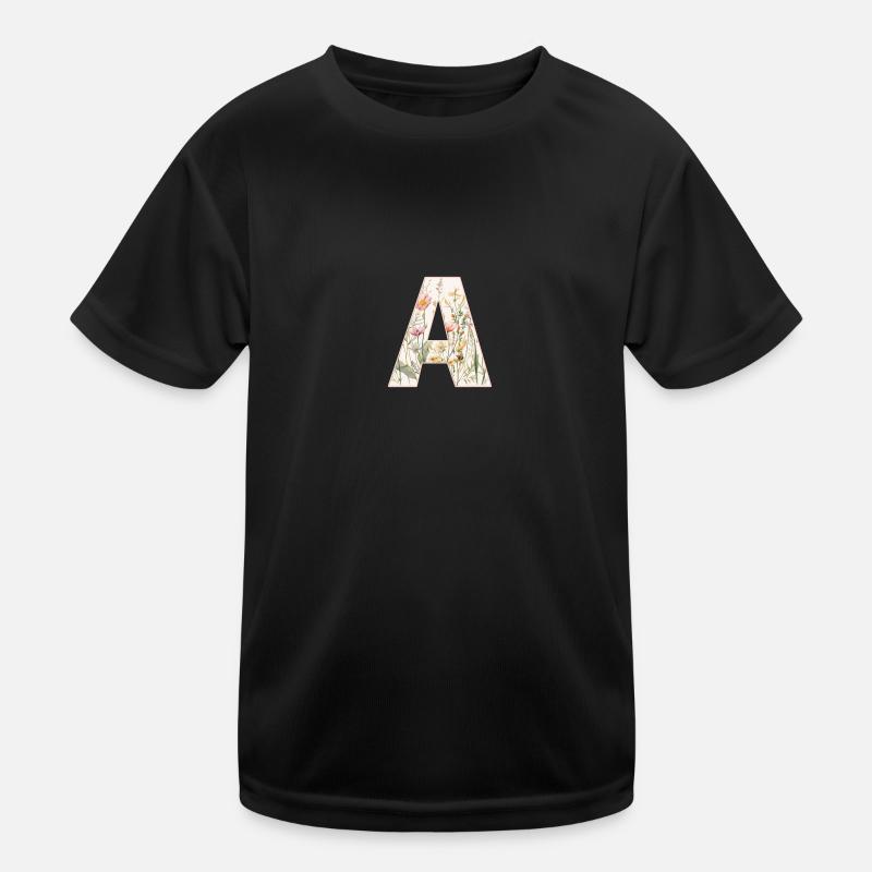 Buchstabe A, Monogramm, Blumenmuster - Kinder Funktions-T-Shirt - Schwarz