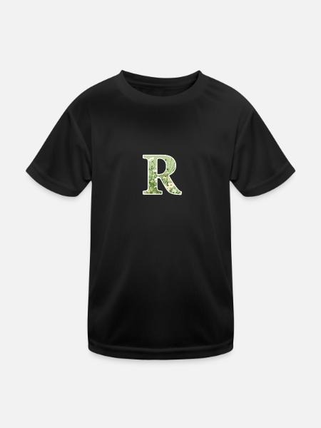 Letter R, Monogram, Floral Pattern - Kids Functional T-Shirt - black - Front