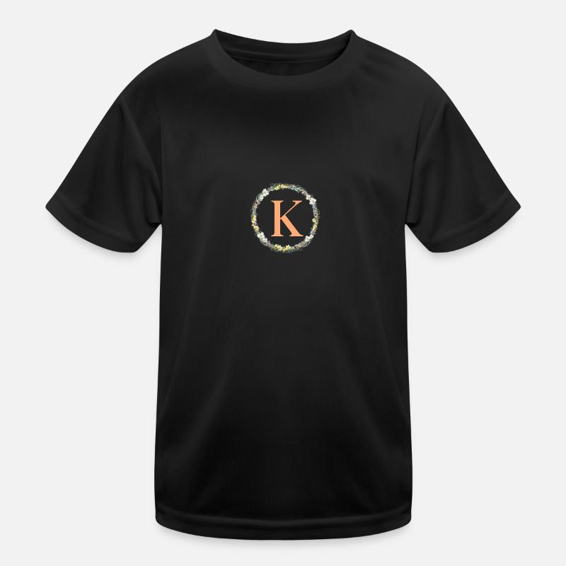 K Monogramm, Blumen-Kranz, personalisierbar - Kinder Funktions-T-Shirt - Schwarz