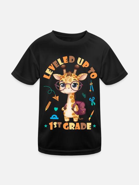 Leveled up to 1st Grade - Funny Giraffe - Kids Functional T-Shirt - black - Front