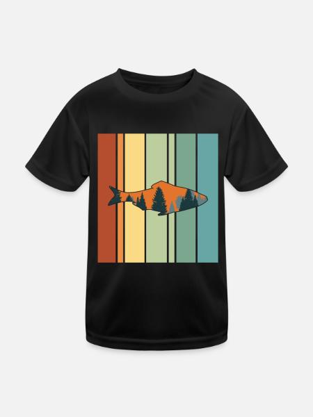 Angeln Fisch Bäume Berg Retro Vintage - Kinder Funktions-T-Shirt - Schwarz - Vorne