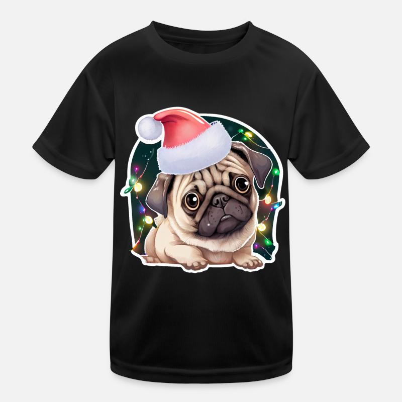 Mops mit weihnachtsmütze und lichterkette Kinder Funktions-T-Shirt