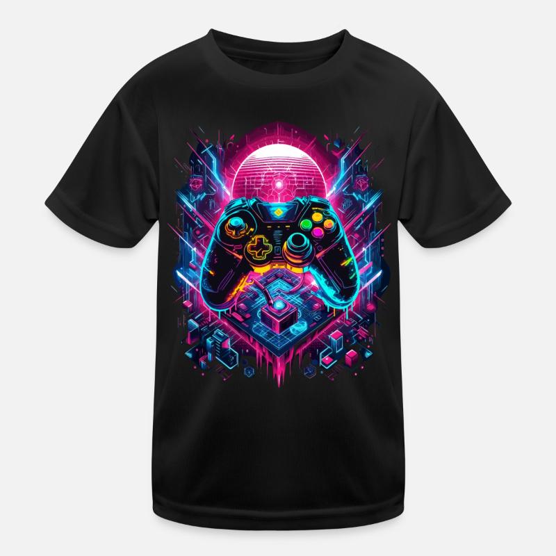 Vibrant Cyberpunk Gaming Controller Grafik Kinder Funktions-T-Shirt