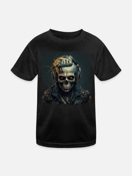 Cyborg Zombie Schädel Disc Jockey - Kinder Funktions-T-Shirt - Schwarz - Vorne