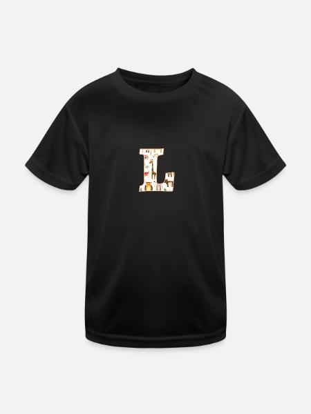 Lettre L, monogramme, imprimé animal - T-shirt sport Enfant - noir - Devant