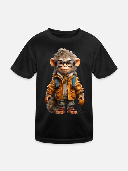 Udo der Entdecker Affe - Kinder Funktions-T-Shirt - Schwarz