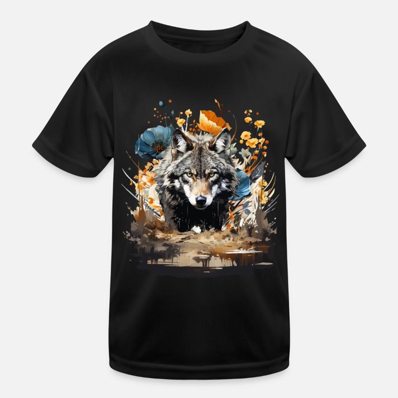 Wolf mit Vintage Blumen Kinder Funktions-T-Shirt