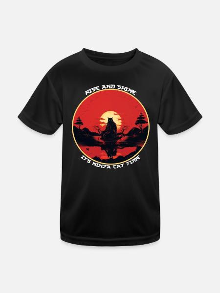 Funny Black Ninja Cat Silhouette Ninja Cat Time - Kids Functional T-Shirt - black - Front