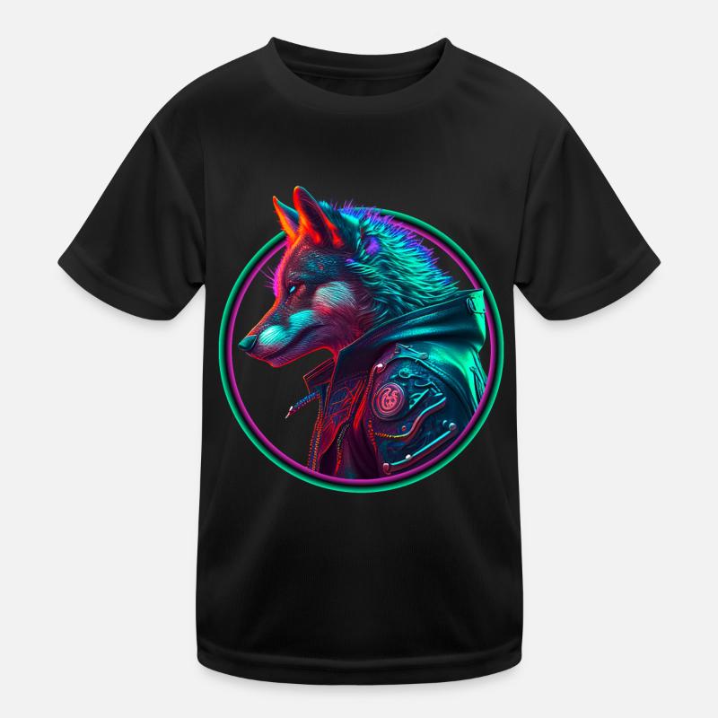 Neon Punk Wolf in Lederjacke - Kinder Funktions-T-Shirt - Schwarz