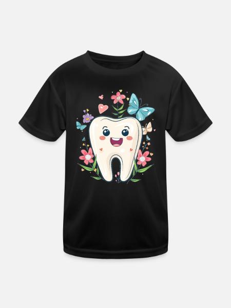 Glücklicher Zahn mit Blumen - Kinder Funktions-T-Shirt - Schwarz