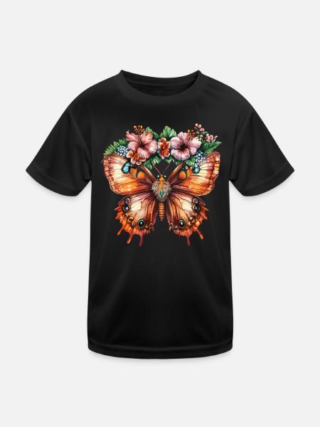 Tropical Butterfly with Flowers - Kids Functional T-Shirt - black - Front
