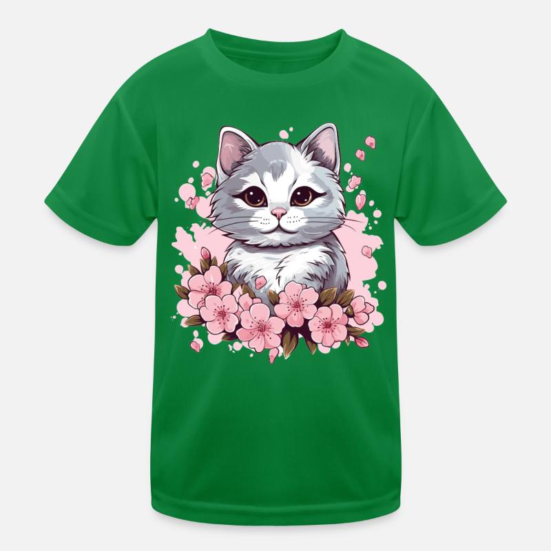 Katze mit Kirschblüten Kinder Funktions-T-Shirt
