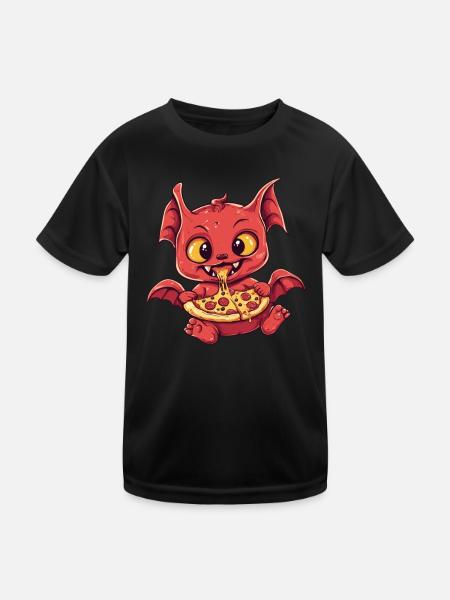 Teufelchen mit Pizza - Kinder Funktions-T-Shirt - Schwarz - Vorne