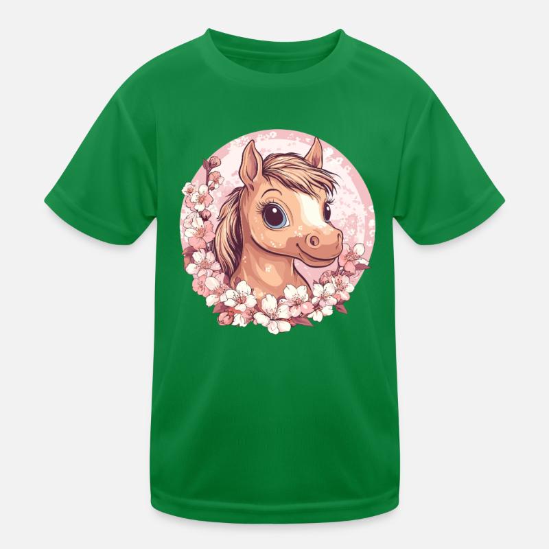 Fröhliches Pony mit Blüten Kinder Funktions-T-Shirt