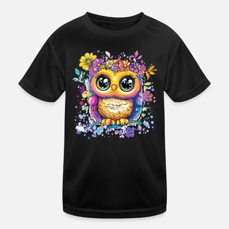 Bunte Eule mit Blüten Kinder Funktions-T-Shirt