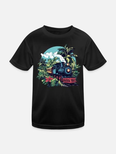 Dampflok durch Palmen - Kinder Funktions-T-Shirt - Schwarz - Vorne