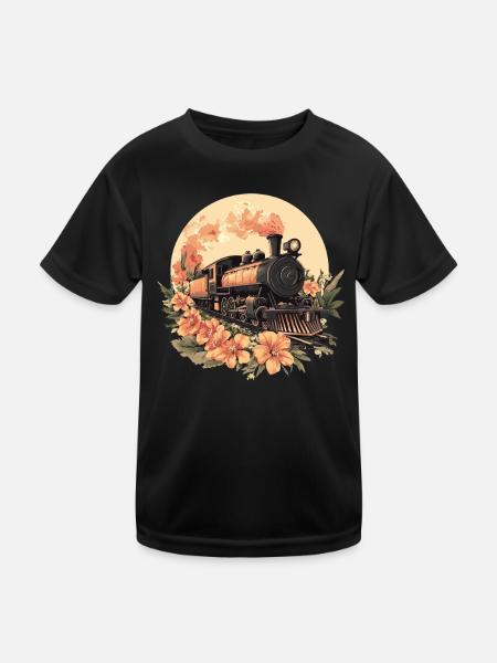 Blumen-Dampflok Vintage - Kinder Funktions-T-Shirt - Schwarz - Vorne