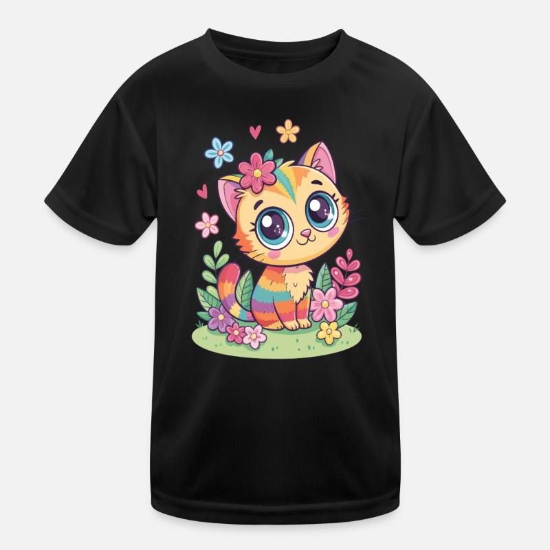 Regenbogen Katze mit Blumen Kinder Funktions-T-Shirt