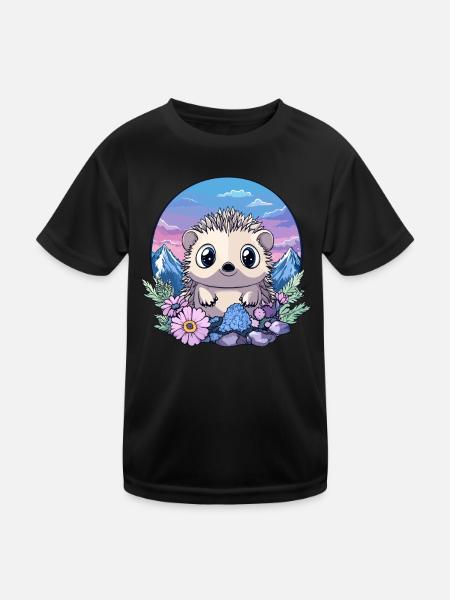 Igel in Alpenblumen - Kinder Funktions-T-Shirt - Schwarz