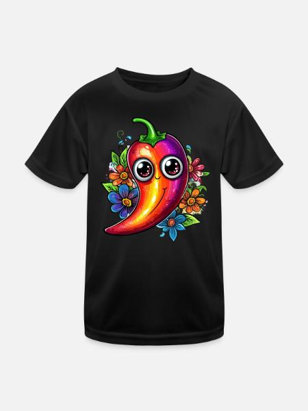 Bunte Chili mit Blumen - Kinder Funktions-T-Shirt - Schwarz - Vorne