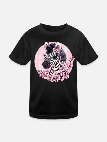 Zebra mit Kirschblüten - Kinder Funktions-T-Shirt - Schwarz - Vorne