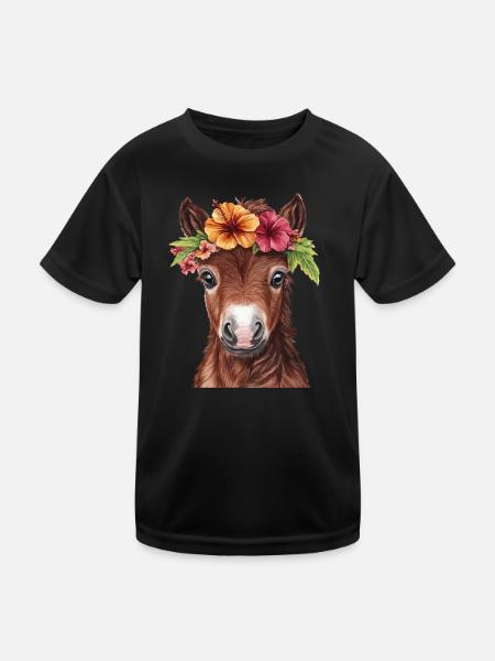 Fohlen mit Blumenkranz - Kinder Funktions-T-Shirt - Schwarz - Vorne