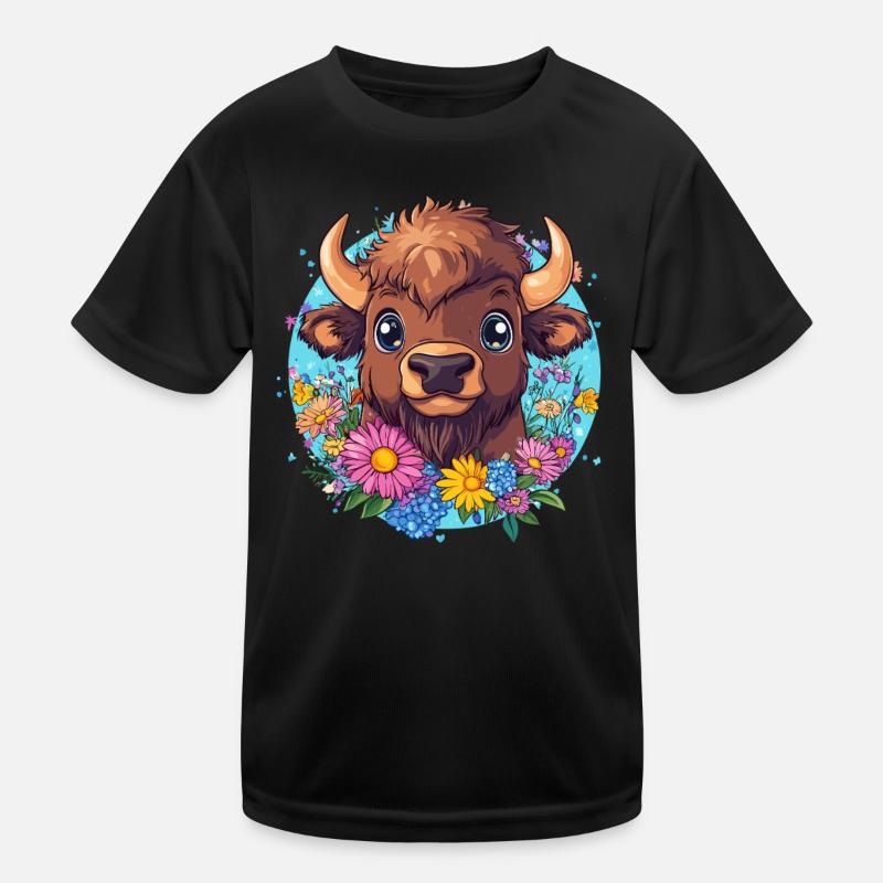 Bison with flower wreath Kids Functional T-Shirt