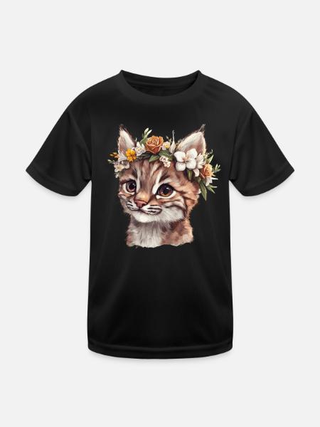 Wildkatze mit Blumenkranz - Kinder Funktions-T-Shirt - Schwarz - Vorne