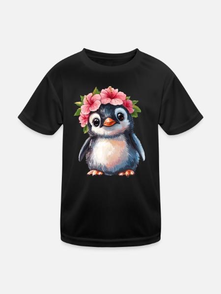 Pinguin mit Blütenkranz - Kinder Funktions-T-Shirt - Schwarz - Vorne
