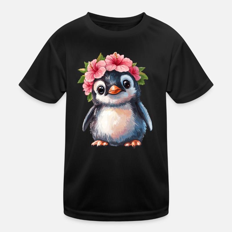 Pinguin mit Blütenkranz Kinder Funktions-T-Shirt