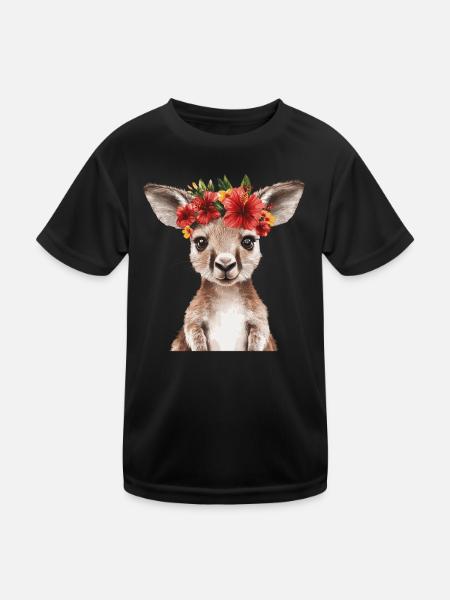 Känguru mit Blumenkranz - Kinder Funktions-T-Shirt - Schwarz