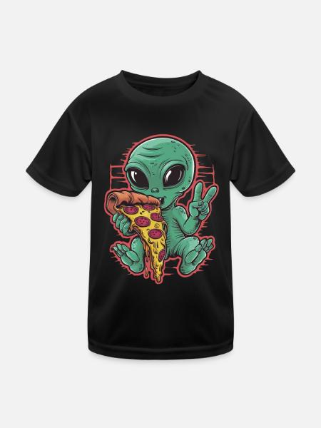 Außerirdischer Genießt Pizza Friedenszeichen - Kinder Funktions-T-Shirt - Schwarz - Vorne