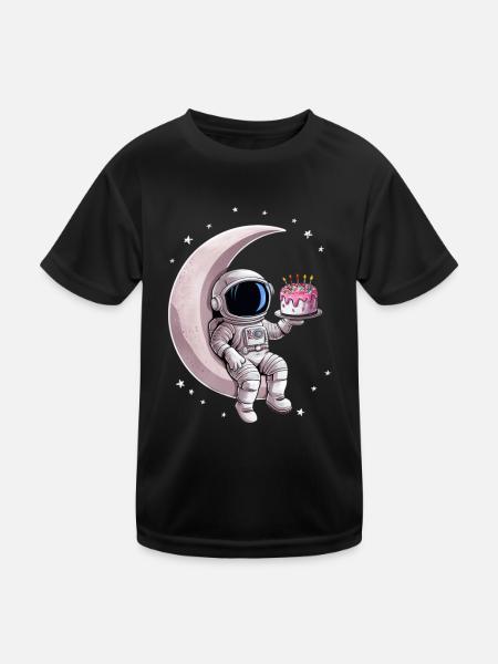 Astronaut with cake sitting on the moon - Kids Functional T-Shirt - black - Front