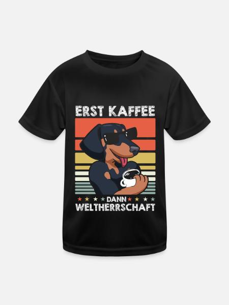 Dackel Dachshund Kaffee-Sonnenbrille - Kinder Funktions-T-Shirt - Schwarz - Vorne
