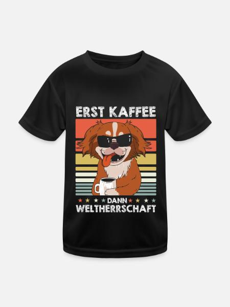 Pekingese Kaffee-Sonnenbrille - Kinder Funktions-T-Shirt - Schwarz - Vorne