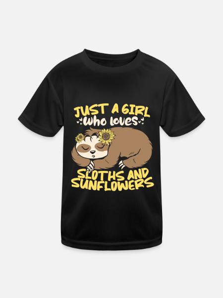 Faultier Niedlich Faultier Sonnenblume - Kinder Funktions-T-Shirt - Schwarz - Vorne