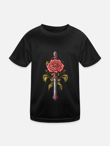 Rote Rose Goth Schwert - Kinder Funktions-T-Shirt - Schwarz - Vorne
