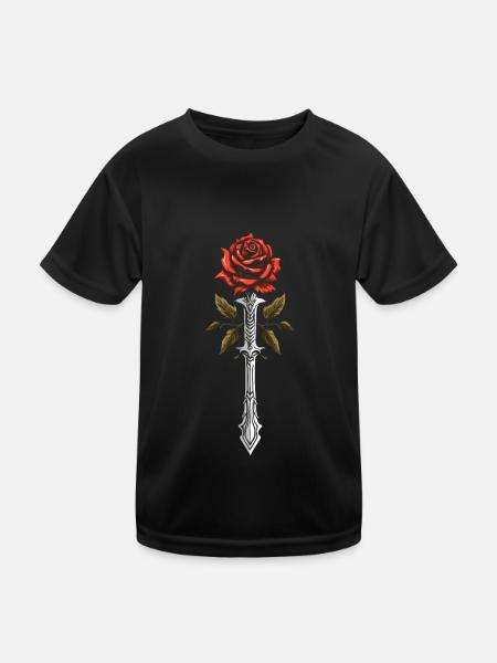 Rote Rose Goth Schwert - Kinder Funktions-T-Shirt - Schwarz - Vorne