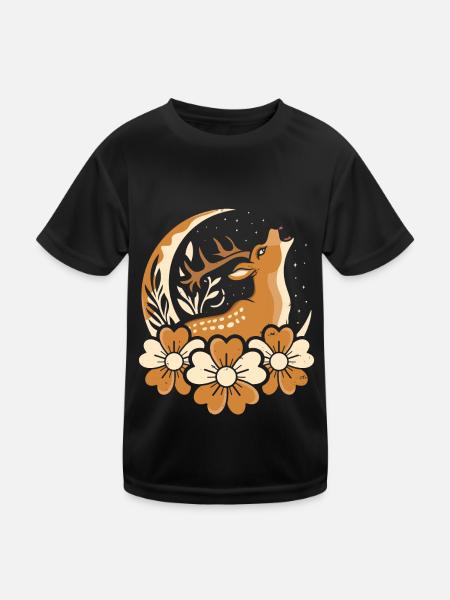 Hirsch Wilde Blumen Floral Moon - Kinder Funktions-T-Shirt - Schwarz - Vorne