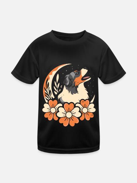 Australian Shepherd Wilde Blumen Floral Moon - Kinder Funktions-T-Shirt - Schwarz - Vorne