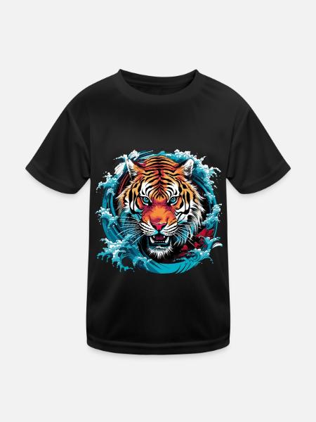 Asiatisch Tiger Anime Japanisch Meer Wellen - Kinder Funktions-T-Shirt - Schwarz